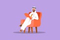 Graphic flat design drawing Arab businessman writing on clipboard. Male executive sitting in armchair. Man taking notes.