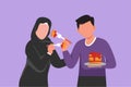 Graphic flat design drawing Arab couple eating cake and feeding each other. Man and woman having fun dinner together at restaurant Royalty Free Stock Photo