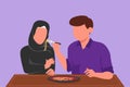 Graphic flat design drawing Arab couple eating ramen. Man and woman in ramen shop romantic date dinner. Sitting at table eating