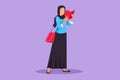 Graphic flat design drawing Arab female in fashionable veil, trendy bag, holding book. Girl reading function book or schoolbook.