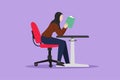 Graphic flat design drawing Arab girl student reading book in library or bookshop and sitting on chair at table. People read and Royalty Free Stock Photo