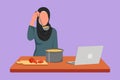 Graphic flat design drawing Arab housewife mixing tomato sauce, tasting, relish meal with wooden spatula. Prepare food at kitchen