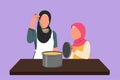 Graphic flat design drawing Arab little daughter holding pan lid and beautiful mom tasting food or soup using vegetables spoon.