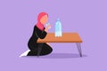 Graphic flat design drawing Arab little girl sitting and drinking glass of milk. Bottle of milk on table, child holding glass of