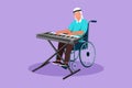 Graphic flat design drawing Arab male keyboardist sitting wheelchair playing electric keyboard in music event, sing song.