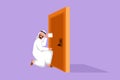 Graphic flat design drawing Arab man eavesdropping at the door. Curious businessman listening to conversation in front of the