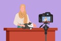 Graphic flat design drawing Arab vet blogger sitting in front of camera with cats and recording video blog about animals. Zoo Royalty Free Stock Photo