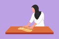 Graphic flat design drawing Arab woman making cookie dough using rolling pin at kitchen table. Happy wife making bakery and