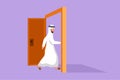 Graphic flat design drawing Arabian businessman enters the room through the door. Male manager walking to opened door. Starting