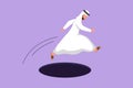 Graphic flat design drawing Arabian businessman jumping through hole, metaphor to facing big problem. Business struggles in market