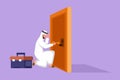 Graphic flat design drawing Arabian businessman prying doorknob with screwdriver. Man repair broken handle door knob with handyman