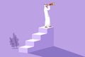 Graphic flat design drawing Arabian businessman standing on stairs with binoculars. Vision concept in business. Symbol of Royalty Free Stock Photo