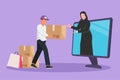 Graphic flat design drawing Arabian female customer receives boxed package, through computer monitor screen from male courier.