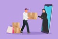 Graphic flat design drawing Arabian female customer receives boxed package, through smartphone screen from male courier. Online