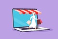 Graphic flat design drawing Arabian man coming out of laptop screen holding shopping bag. Sale, trading, digital lifestyle and
