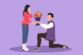 Graphic flat design drawing of Arabian man on knee making marriage proposal to woman with bouquet. Boy in love giving flowers.