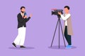Graphic flat design drawing Arabian man reporter, operator. News reporter performing. Journalists on air icon. Video cameraman