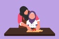 Graphic flat design drawing Arabian mother teaching her daughter to cut vegetables and fruit. Healthy food. Happy family, mom and