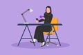 Graphic flat design drawing Arabian woman sitting at desk and typing entering credit card code on smartphone. Online store, e-shop Royalty Free Stock Photo