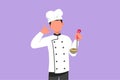 Graphic flat design drawing attractive chef holding ladle with call me gesture and tasting delicious soup. Wearing uniform ready Royalty Free Stock Photo