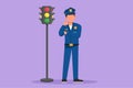 Graphic flat design drawing attractive policeman standing near traffic light in full uniform with call me gesture and working to Royalty Free Stock Photo