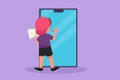 Graphic flat design drawing back view of pre schooler boy student writing on giant smartphone screen like he was writing on