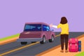 Graphic flat design drawing back view of woman with backpack traveling by auto stop. Car, thumb up, road. Vacation and trip