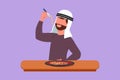 Graphic flat design drawing bearded Arab man having spaghetti meal with fork. Young male enjoy lunch with noodle at restaurant.