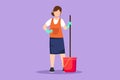 Graphic flat design drawing beautiful woman with buckets and mops. Cleaning service. Female dressed in uniform with cleaning