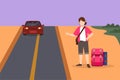 Graphic flat design drawing beautiful women with luggage and thumbs up waiting for car by roadside. Hitchhiking road travel.