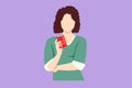 Graphic flat design drawing beauty woman with her hand showing soda refreshment a can sitting on couch in living room at home.