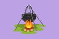 Graphic flat design drawing black camping pot over a bonfire. Hot food cooking on campfire, brown cauldron kettle over fire with Royalty Free Stock Photo