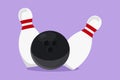 Graphic flat design drawing of bowling ball and pins. Bowling indoor sport game. Ball crashing pins. Bowling pins lined up at lane