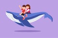 Graphic flat design drawing brave little boy and girl riding blue whale together. Cute kids sitting on back of whale. Cheerful