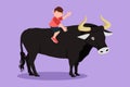 Graphic flat design drawing bravery little boy riding bull at village meadow. Cute child sitting on back bull with saddle in