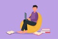 Graphic flat design drawing businessman or designer or programmer or freelancer sitting on comfy couch while typing on laptop.