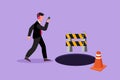 Graphic flat design drawing businessman listen music with headphone and walking on street, watching smartphone, did not see open