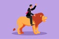 Graphic flat design drawing businessman riding lion symbol of success. Business metaphor concept, looking at goal, achievement, Royalty Free Stock Photo