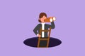 Graphic flat design drawing of businesswoman climbs out of hole by ladder and using binocular. Business vision, idea, solution.