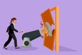 Graphic flat design drawing businesswoman ignites cannon in front of door and destroying door. Eliminating barrier of entries,