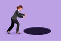 Graphic flat design drawing businesswoman looking at black hole. Manager wondering and looking at big hole, business concept in