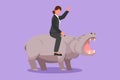 Graphic flat design drawing businesswoman riding hippopotamus symbol of success. Business metaphor, looking goal, achievement,