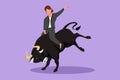 Graphic flat design drawing businesswoman riding rodeo bull. Investment, bullish stock market trading, rising bonds trend.