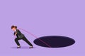 Graphic flat design drawing businesswoman trying hard pulling rope to drag something from hole, metaphor to facing problem.