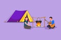 Graphic flat design drawing camping romantic couple around campfire tents. Man playing guitar and woman drinking hot tea getting Royalty Free Stock Photo