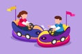 Graphic flat design drawing cheerful children driving bumper car. Happy smiling boy and girl on bumper auto wheel attraction at