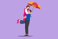 Graphic flat design drawing cheerful couple in love under rain with umbrella. Happy man and woman walking at park and jumping. Royalty Free Stock Photo