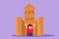 Graphic flat design drawing cheerful little girl playing in castle made of cardboard boxes. Happy little medieval princess in Royalty Free Stock Photo