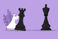 Graphic flat design drawing competitive Arabian businessman push huge rook chess piece to beat king. Business strategy and Royalty Free Stock Photo