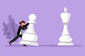 Graphic flat design drawing competitive businesswoman push huge pawn chess piece. Business strategy, goals target, marketing plan